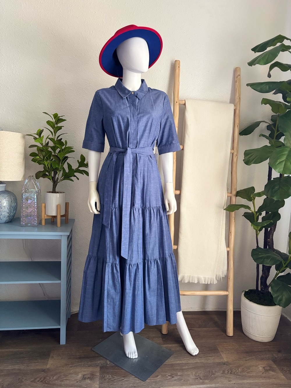 Calvin Klein Blue Chambray Tiered Maxi Shirt Dress